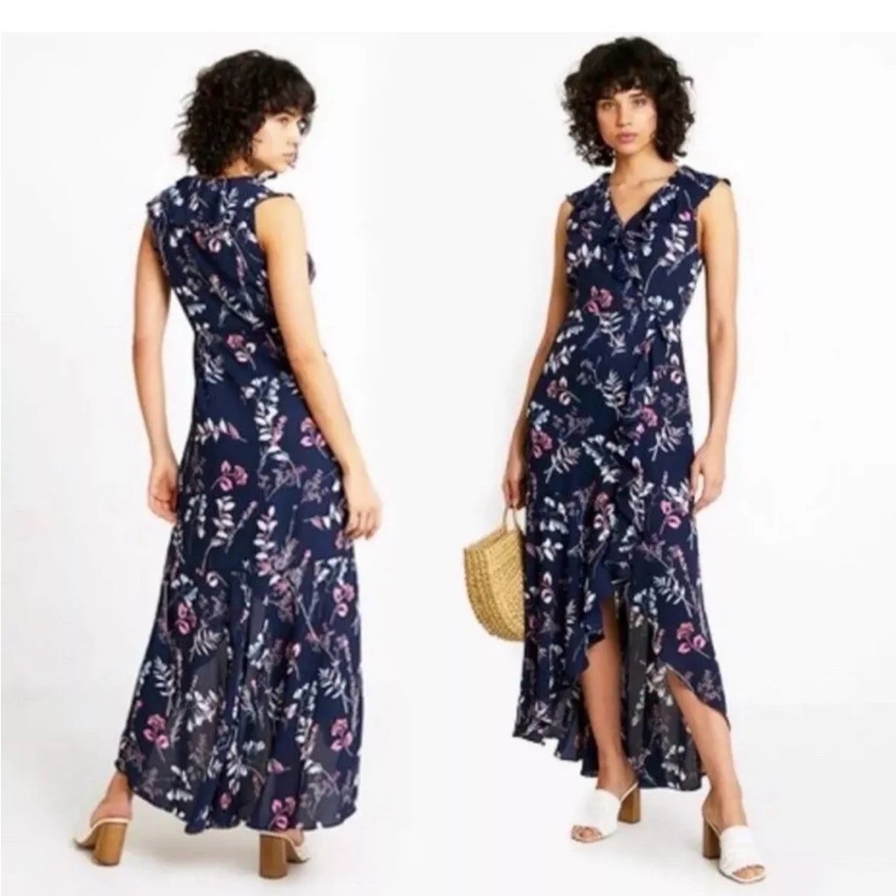 BANANA REPUBLIC Navy Floral Ruffle Faux Wrap Maxi Dress Sleeveless Size 0